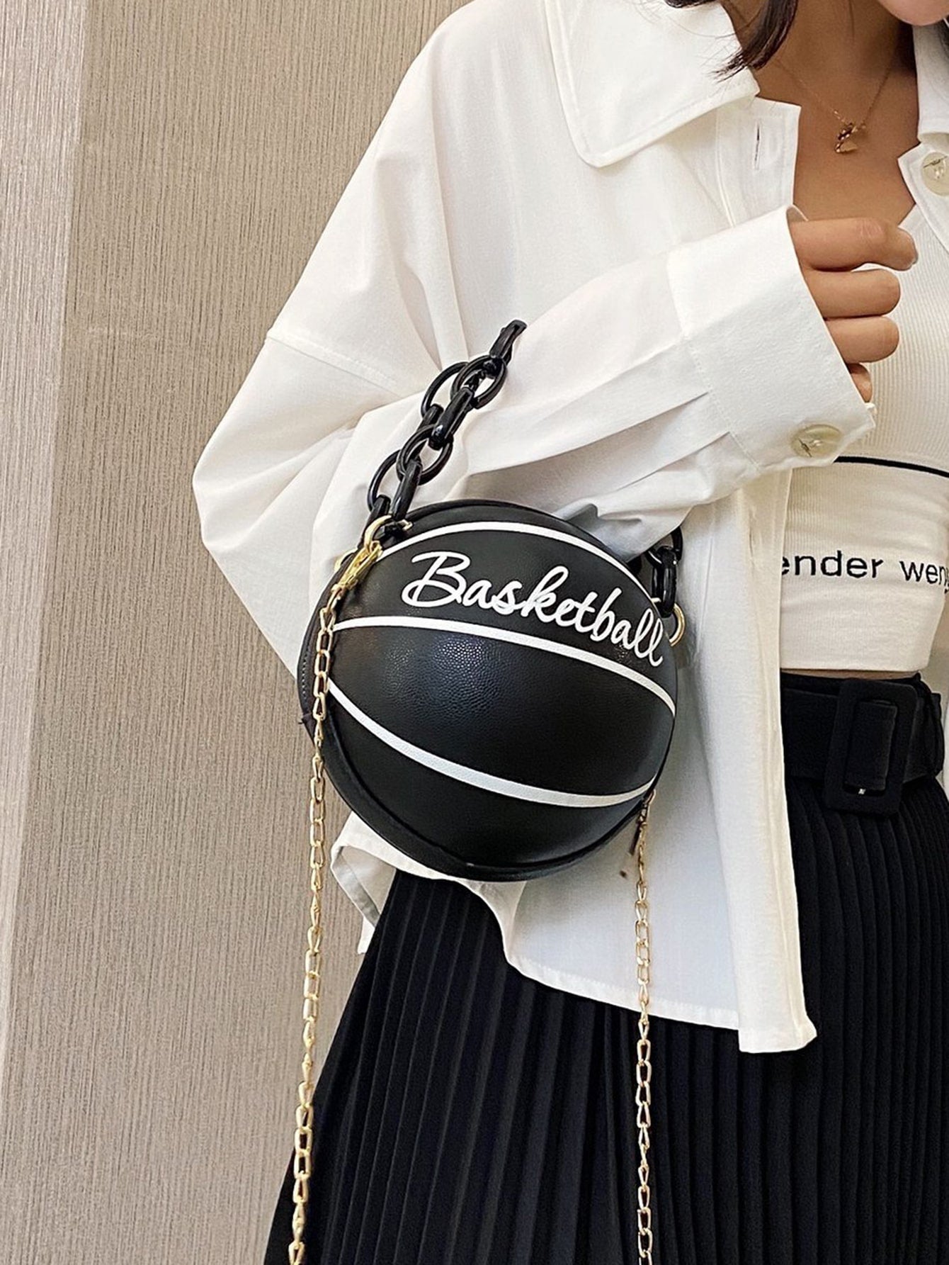 Mini Letter Graphic Satchel Bag Mini Letter Graphic Basketball Design Circle Bag Fashion Chain Shoulder Round Purse Hand Zipper Bag-TangieTripe