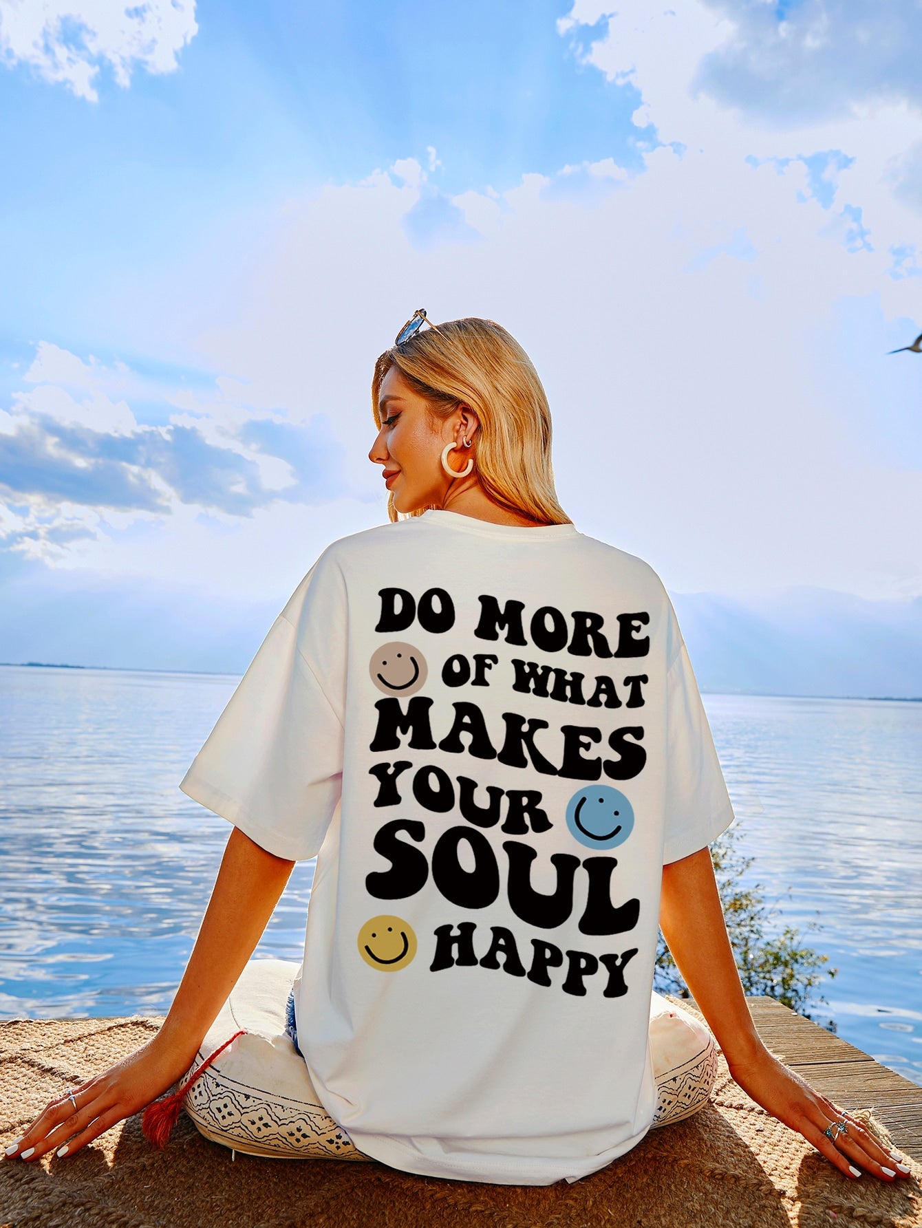 Slogan Cartoon Face Print Drop Shoulder Tee-TangieTripe