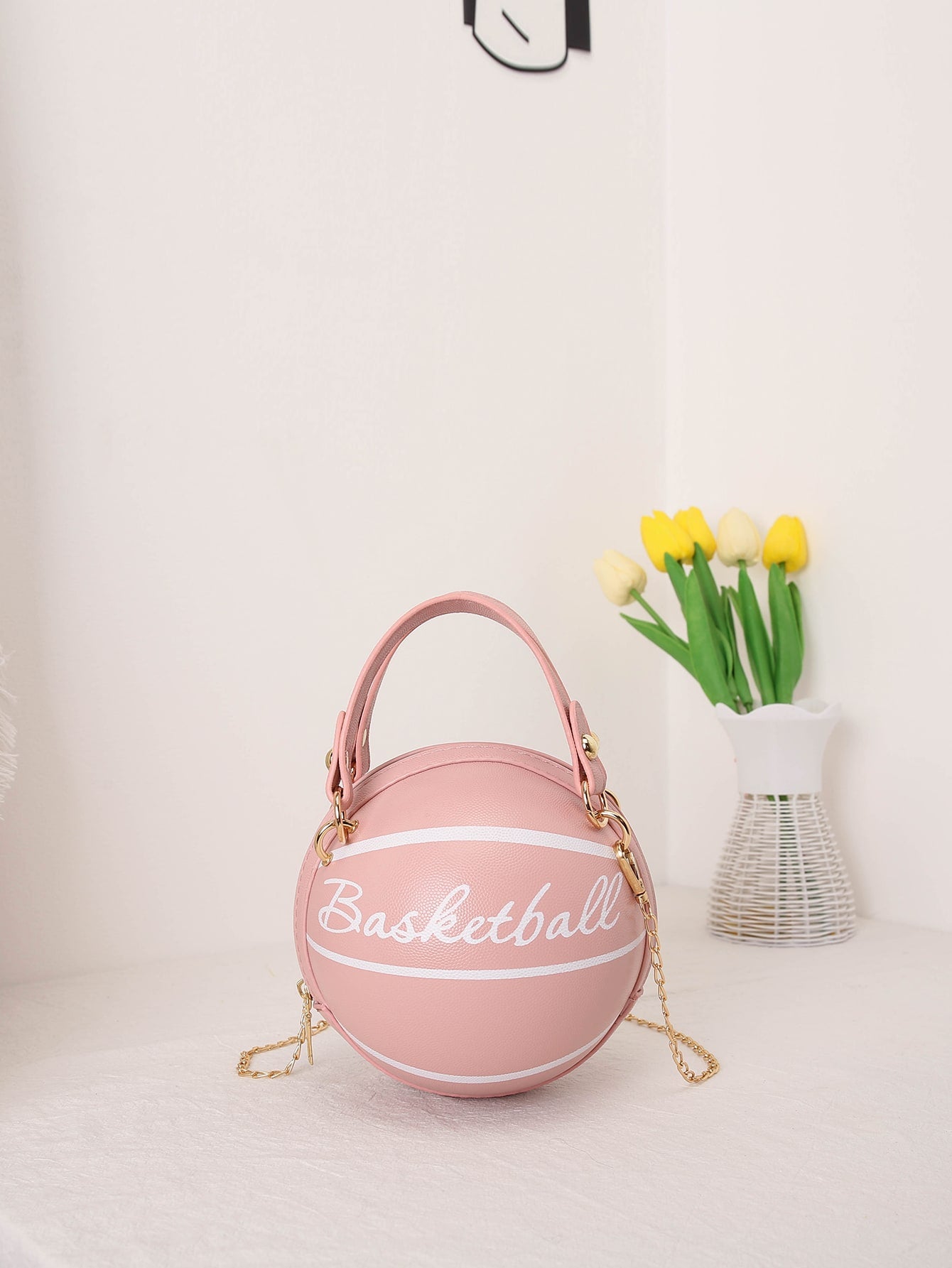 Mini Letter Graphic Satchel Bag Mini Letter Graphic Basketball Design Circle Bag Fashion Chain Shoulder Round Purse Hand Zipper Bag-TangieTripe