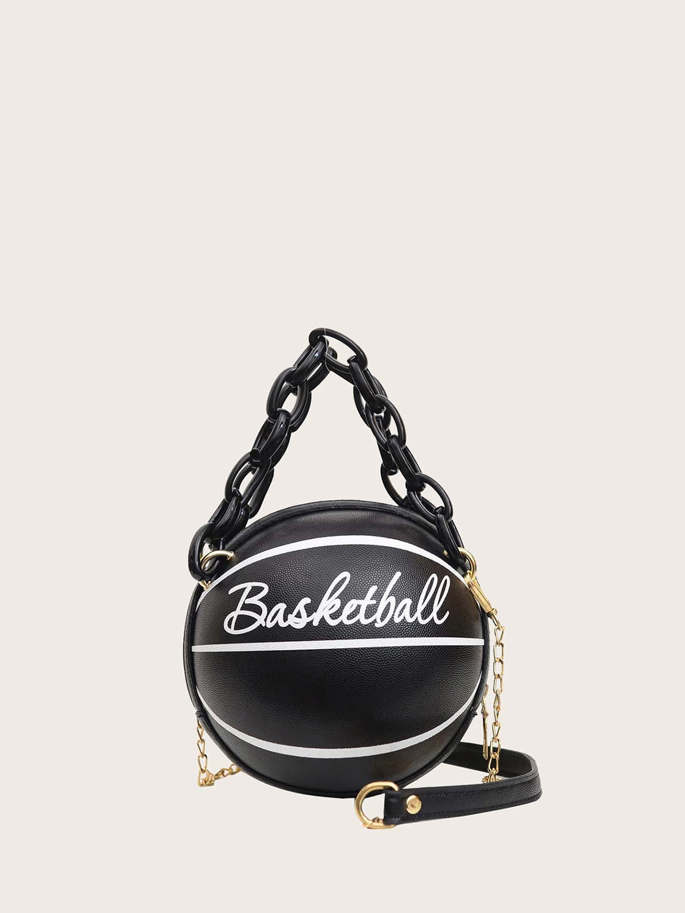 Mini Letter Graphic Satchel Bag Mini Letter Graphic Basketball Design Circle Bag Fashion Chain Shoulder Round Purse Hand Zipper Bag-TangieTripe